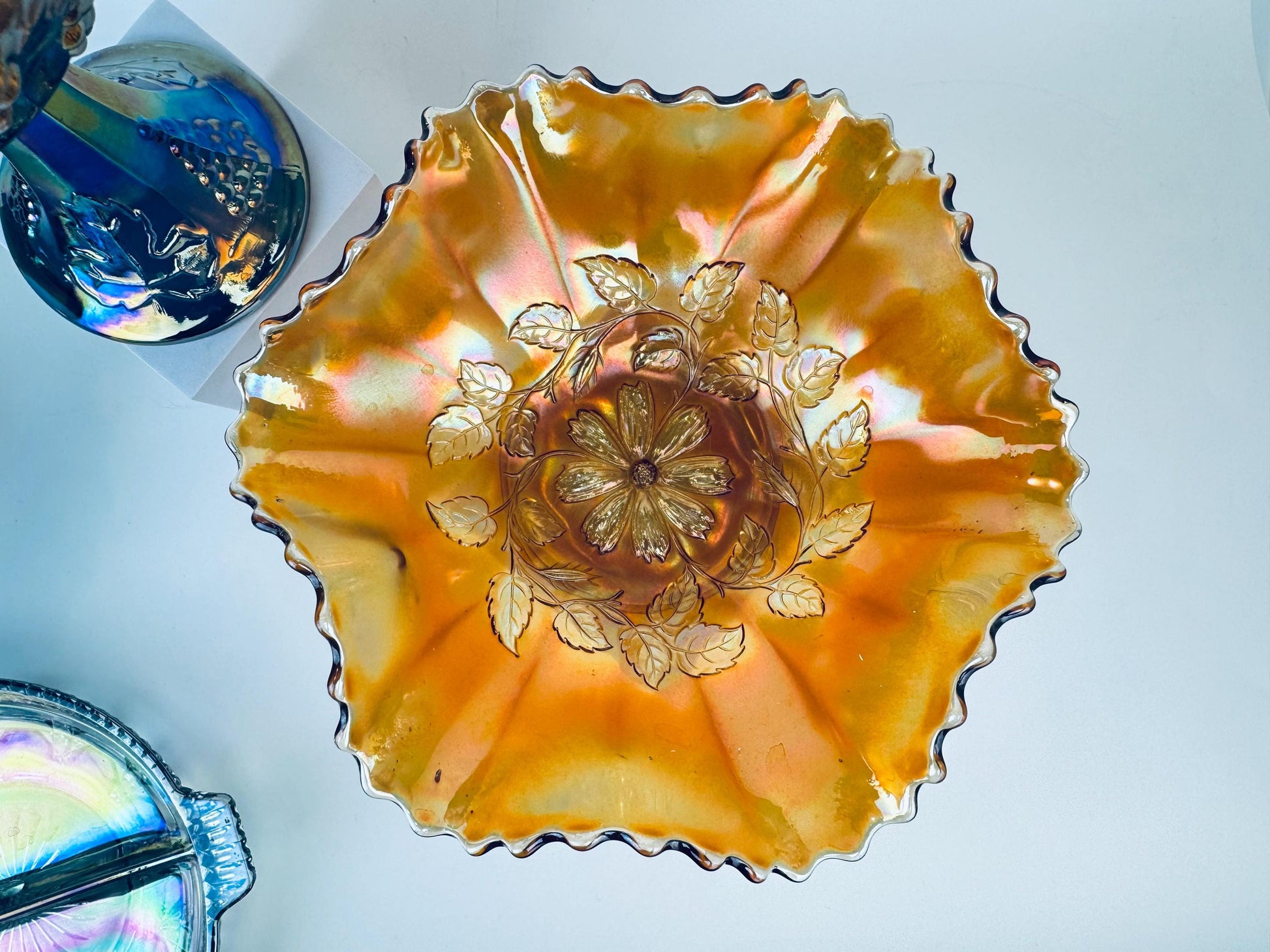 Product image for 'vintage collectible carnival glass peacock blue marigold smoke grey colour sold separately' (view e6e5ae)