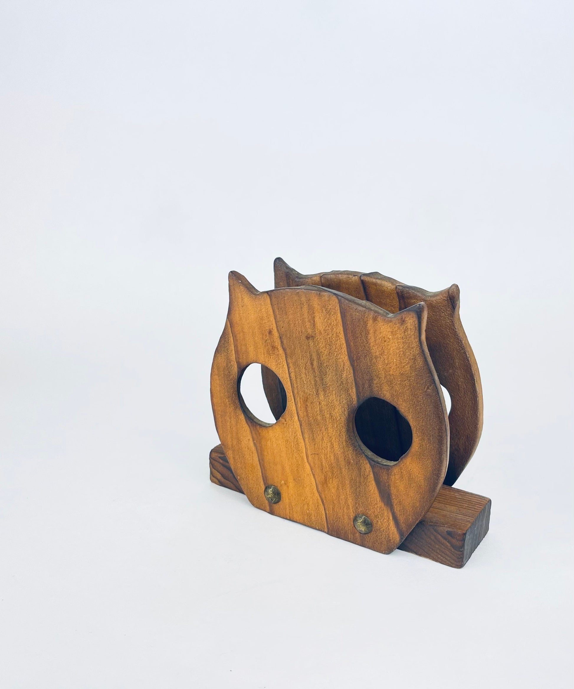 Product image for 'vintage wood owl napkin file holder textured wood grain metal rivets' (view a4b3af)