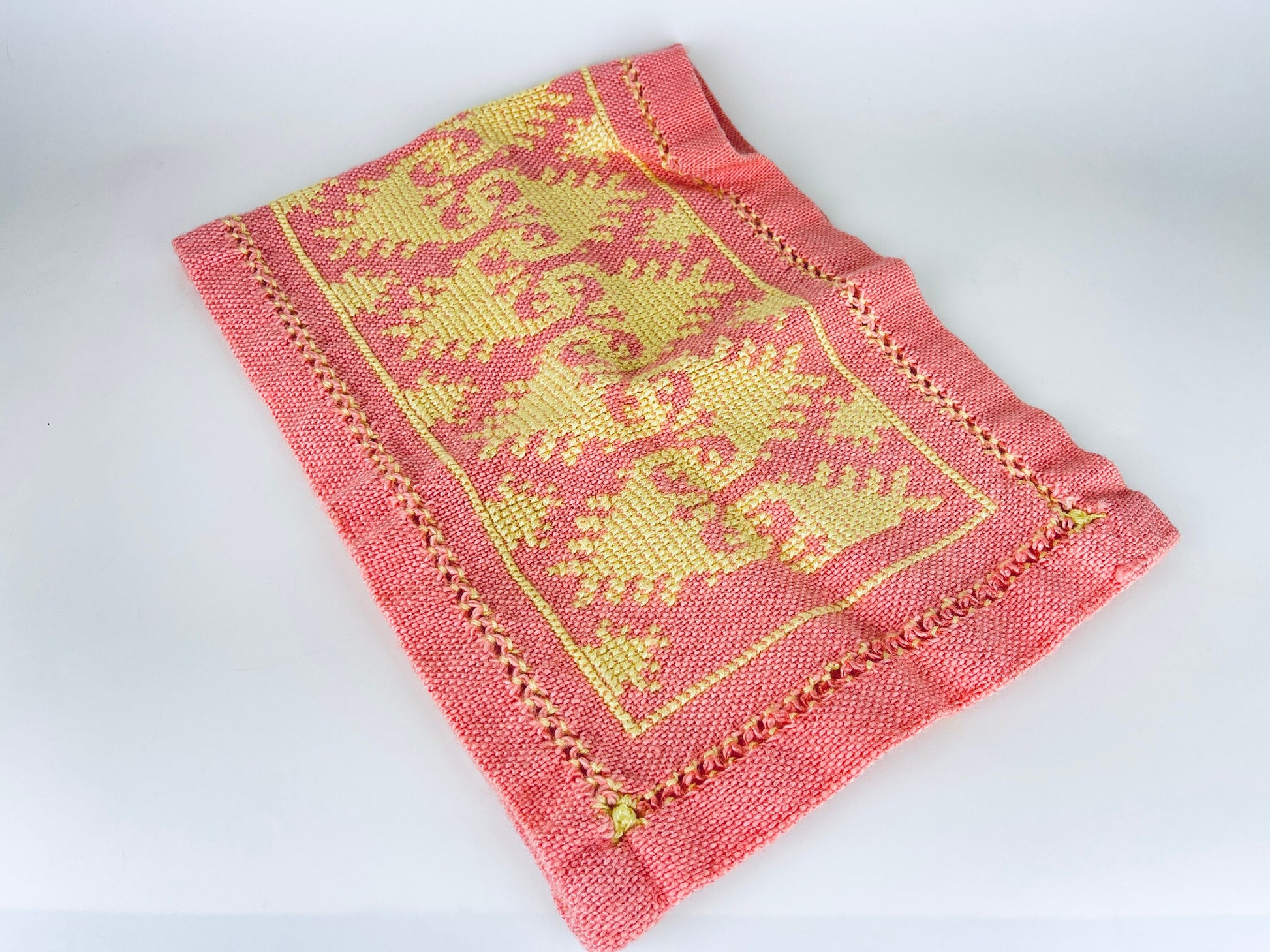Product image for 'vintage pink yellow hand embroidered rectangular table runner geometric pattern' (view c66f59)