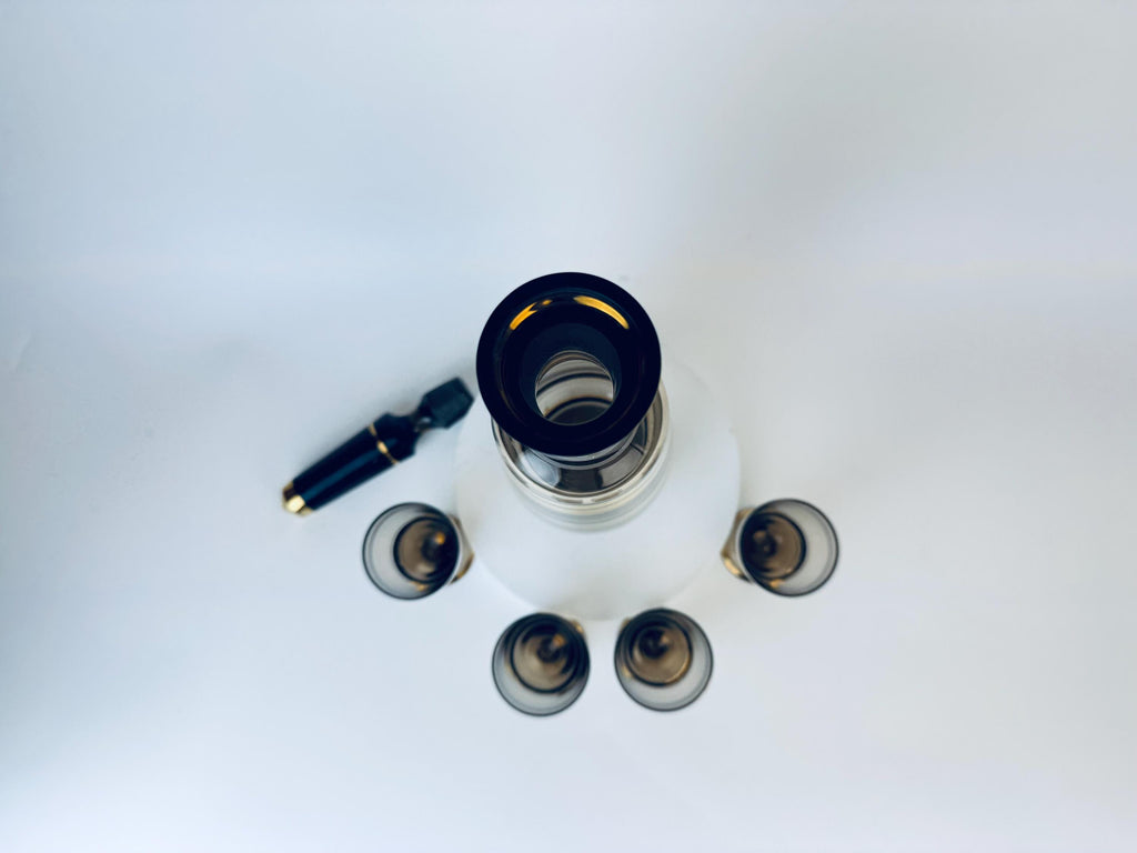 Product image for 'vintage black gold striped barware set glass decanter four 4 small goblet glasses bohemia crystal' (view 20879c)