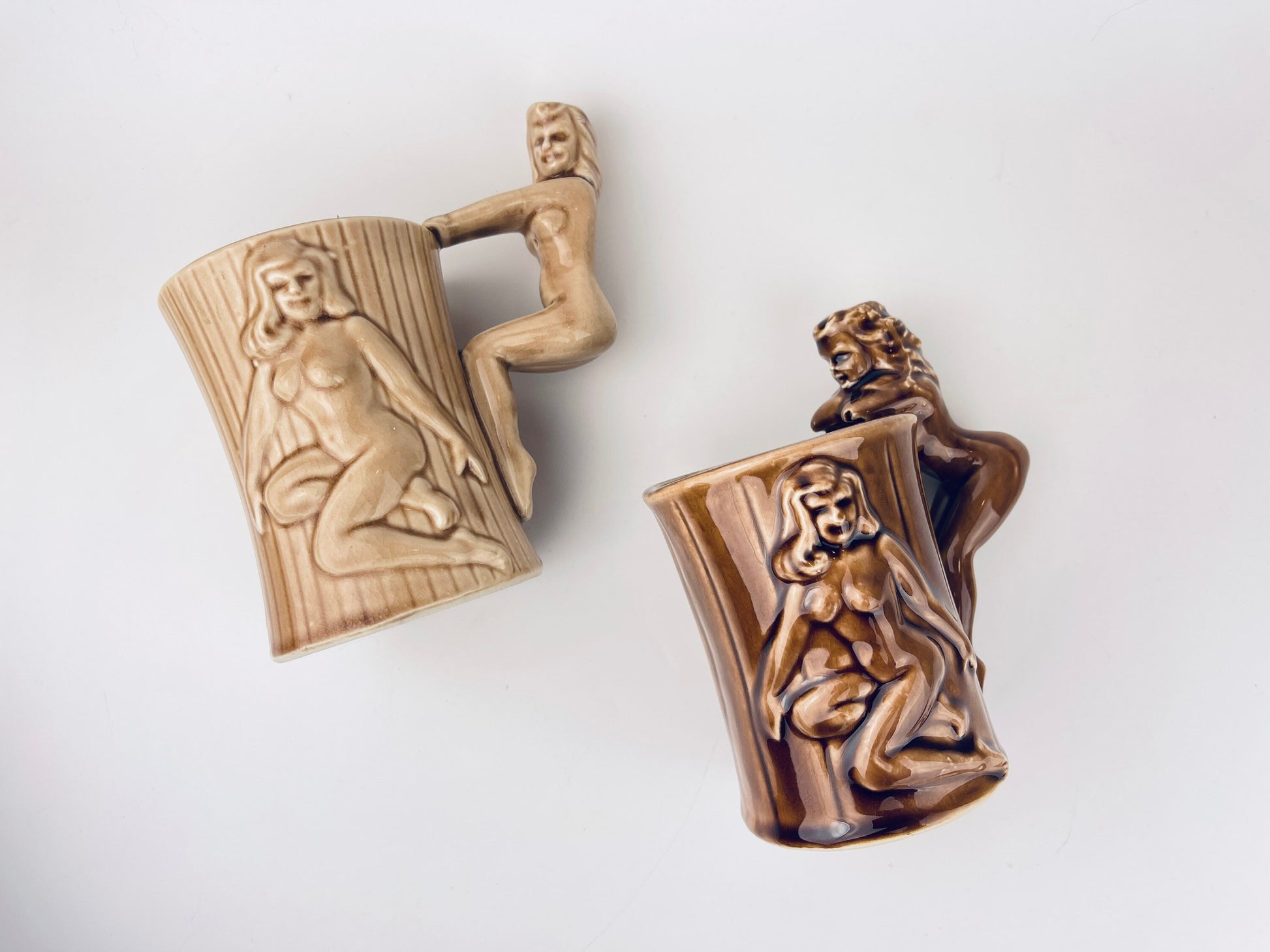 Product image for 'vintage risque nude woman barrel shaped brown ceramic mug sold individually groomsmen barware gift made in japan' (view d6d415)