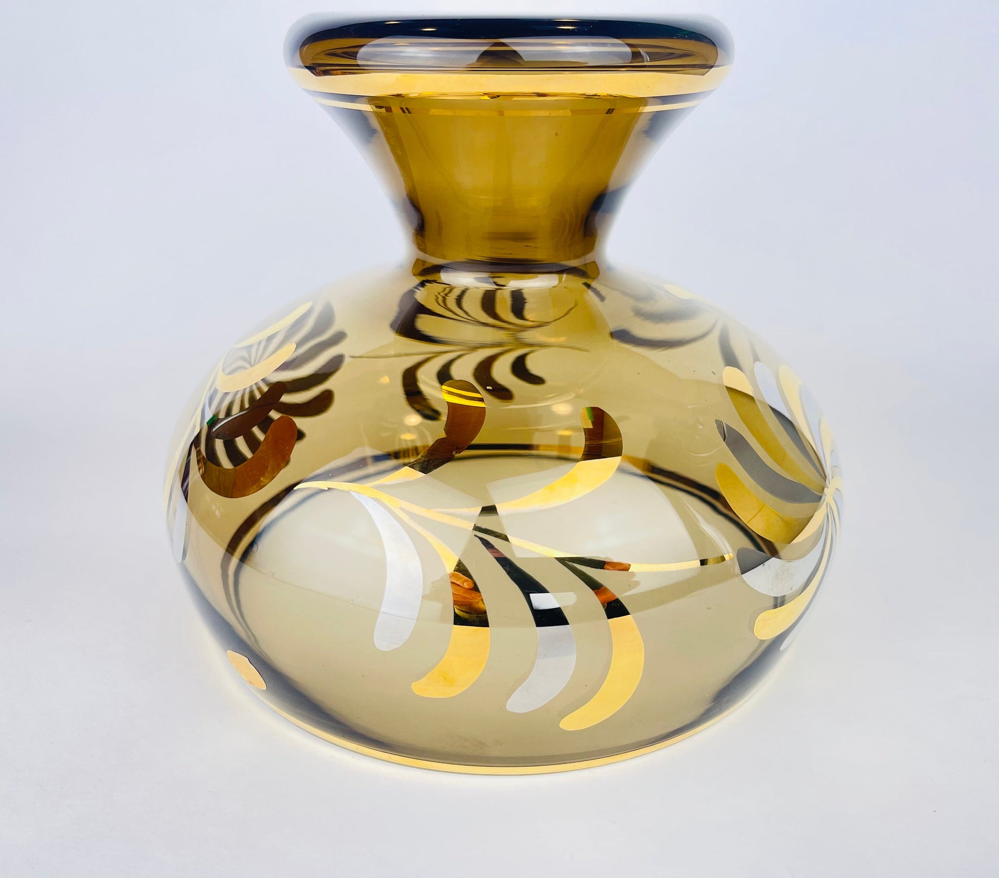 Product image for 'vintage bohemian footed glass compote bowl smokey gold art glass with floral motif made in czechoslovakia' (view 657ca0)