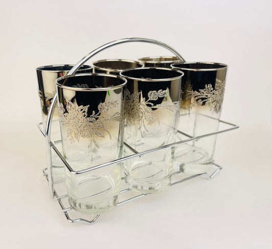 Product image for 'vintage dorothy thorpe silver ombre fade highball glass set rose flower embossed top metal chrome caddy set of six 6' (view 20828f)