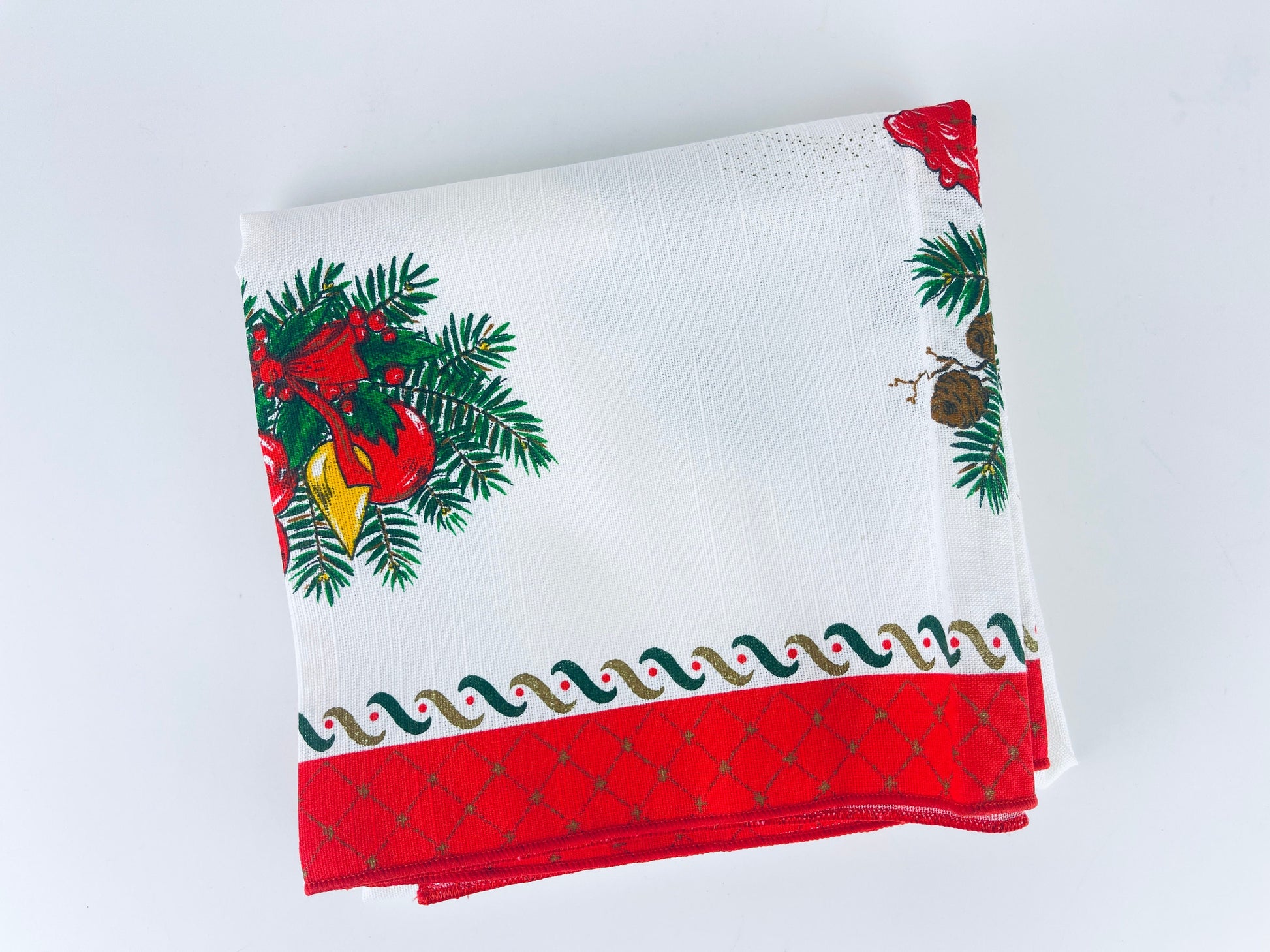 Product image for 'vintage christmas print square table cloth christmas bells ornaments candles 31 x 31 made in brazil by interloom' (view f4ccff)