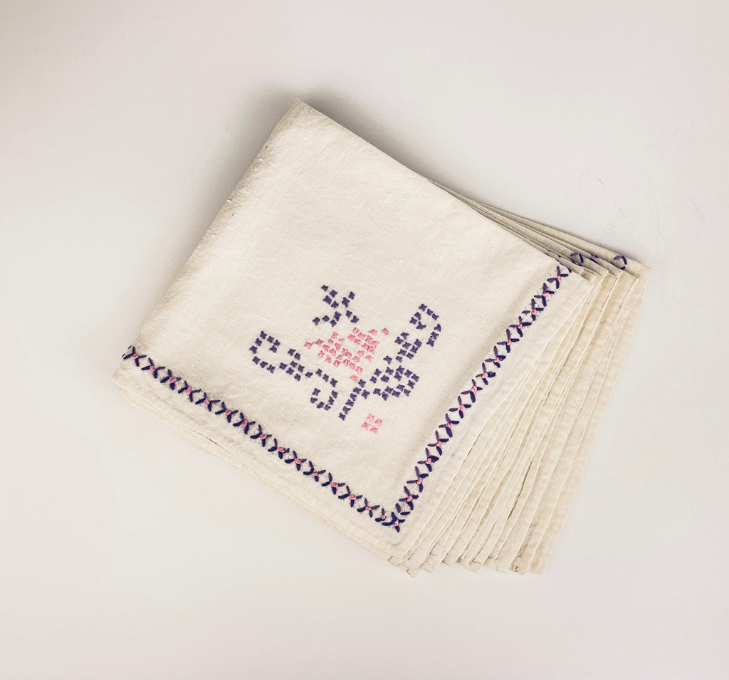 Product image for 'vintage embroidered linen napkins set of 6 in pink purple cross stitch' (view 75887f)