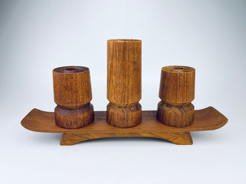 Product image for 'vintage mcm wooden candle holder centrepiece set of three 3 made in canada by north saskatchewan indians la ronge industry' (view ab1a8e)