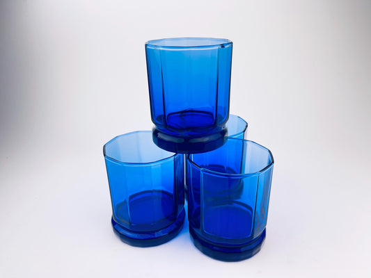 Product image for 'vintage cobalt blue drinking glasses set of four 4 decagonal geometric design' (view 28fcaf)