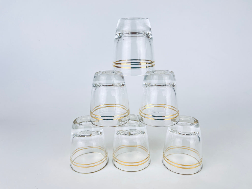 Product image for 'vintage gold striped clear shot glass barware set black metal leaf carrier' (view de9579)