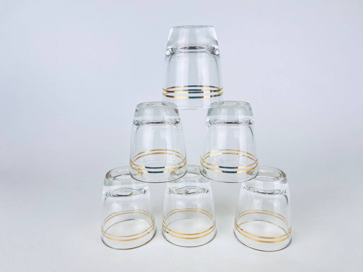 Product image for 'vintage gold striped clear shot glass barware set black metal leaf carrier' (view de9579)