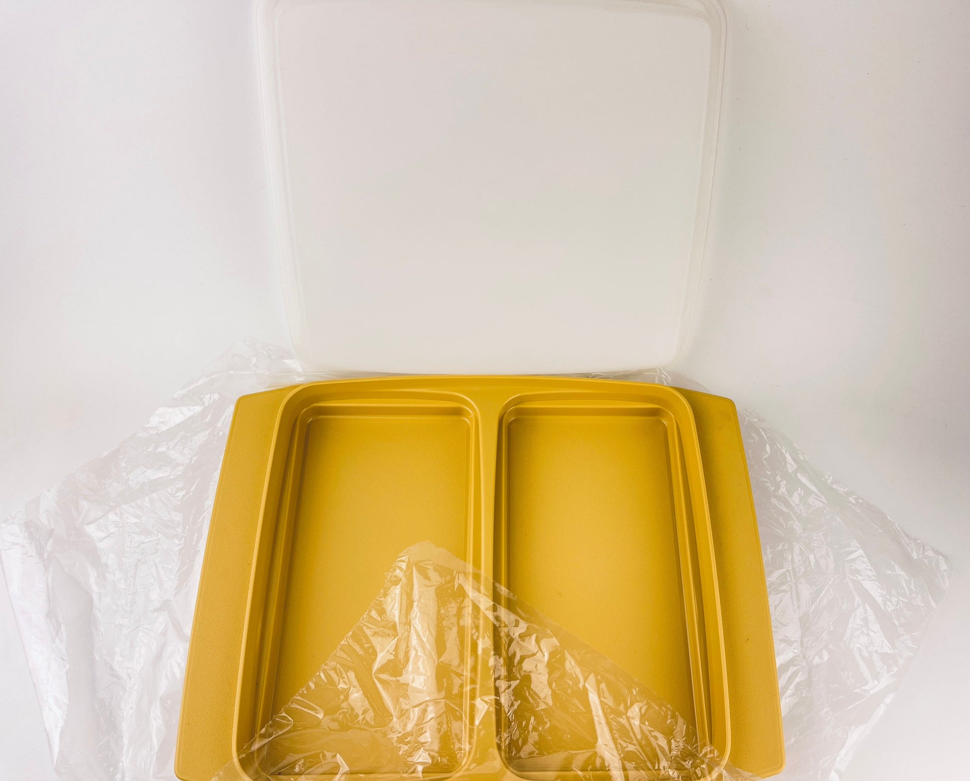 Product image for 'vintage tupperware divided container egg holder harvest gold made in canada new old stock nos' (view ae1472)