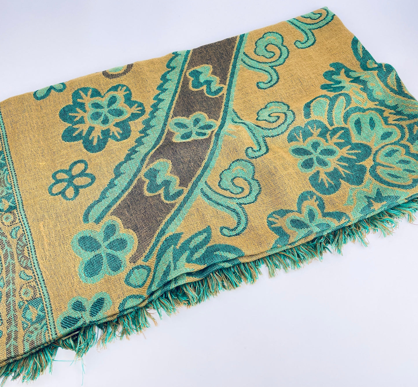 Product image for 'vintage green brown floral scroll fringe table cloth' (view ae69ee)