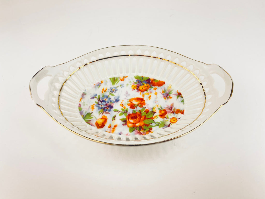 Product image for 'vintage reticulated ceramic dish flower motif pattern with gold rimmed top made in germany' (view 7c3aab)