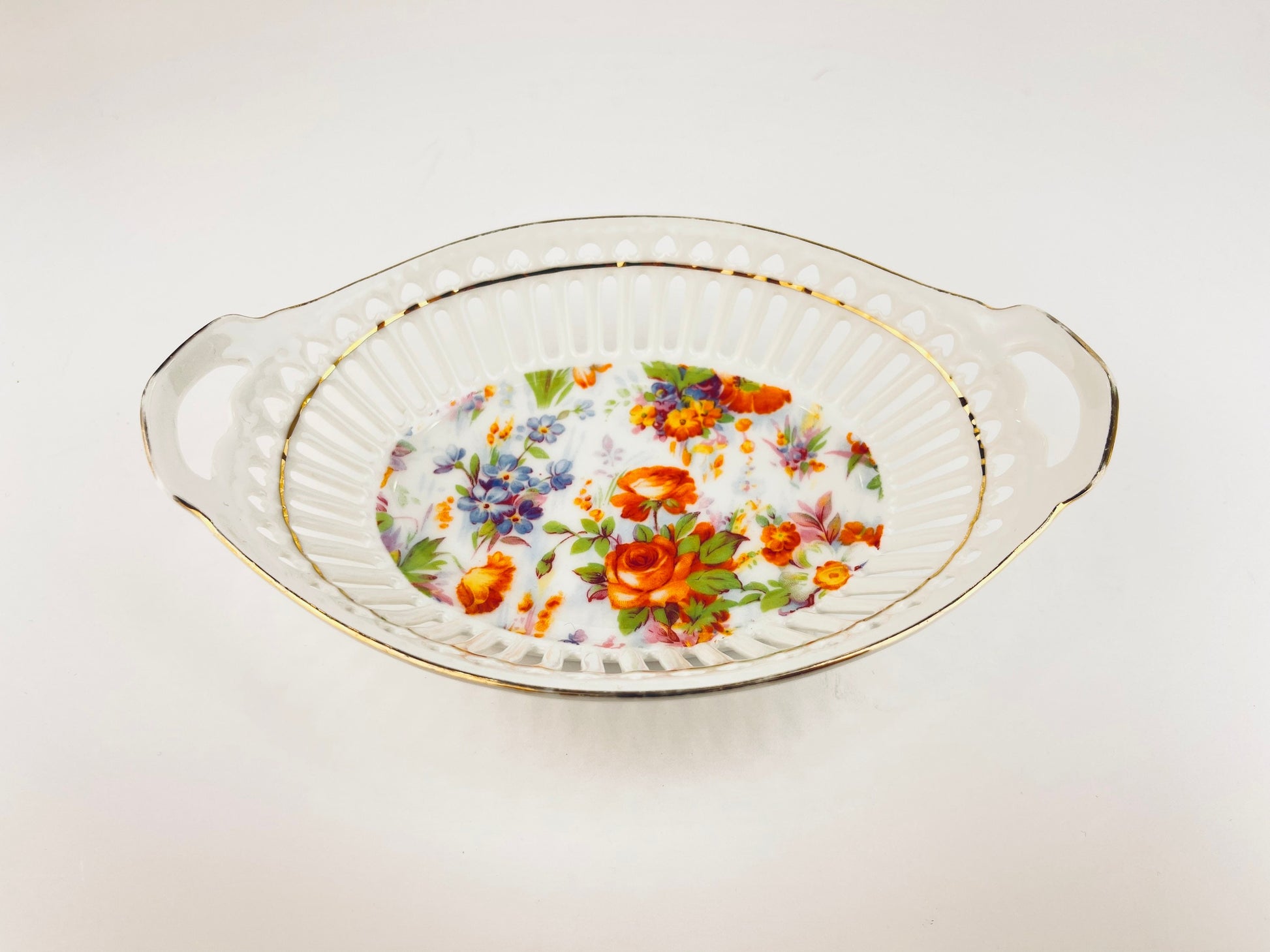 Product image for 'vintage reticulated ceramic dish flower motif pattern with gold rimmed top made in germany' (view 7c3aab)