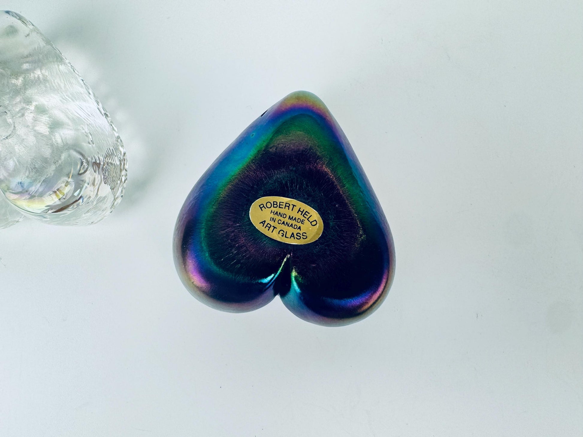 Product image for 'vintage robert held heart shaped iridescent art glass paperweights rainbow clear pattern sold separately' (view 9af608)