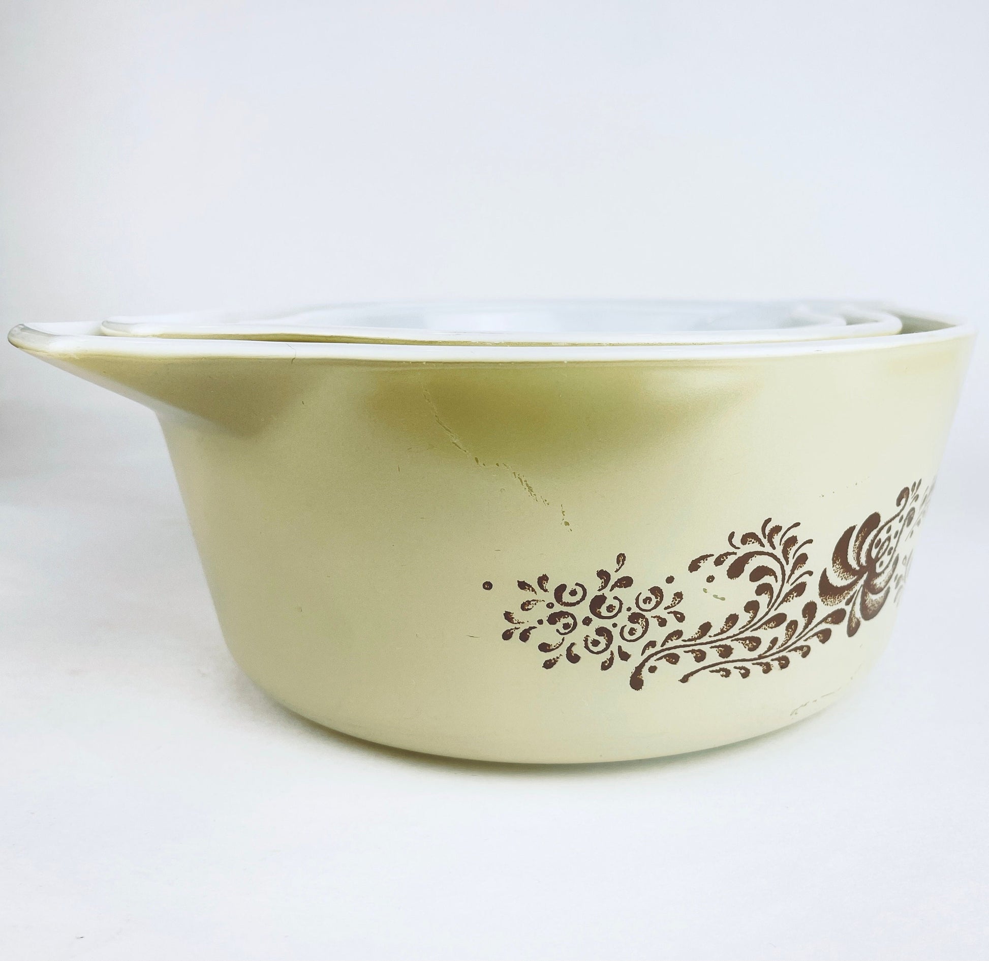 Product image for 'vintage homestead brown swirl pyrex cinderella casserole dishes sold separately' (view 29767f)
