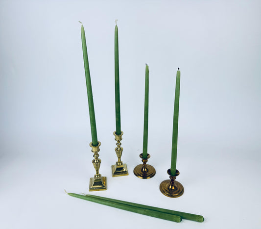 Product image for 'vintage 1970s slim green hallmark taper candles set of 6 wax tapers with optional brass holders midcentury dinner decor' (view 008683)