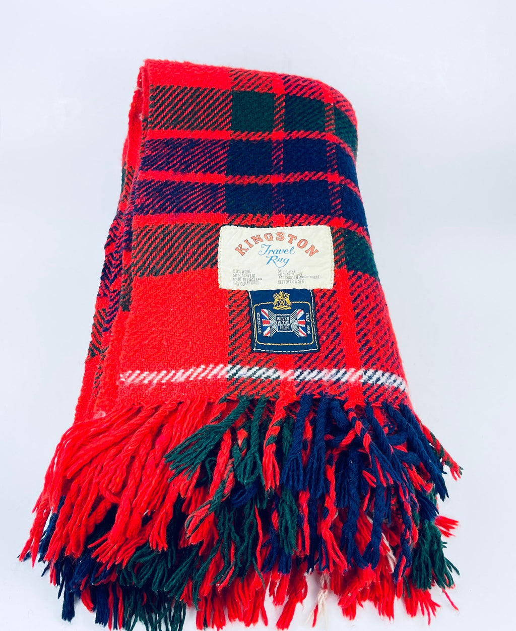Product image for 'vintage kingston travel fringe rug blanket red blue plaid pattern wool acrylic blend made in the british isles' (view 960f5c)