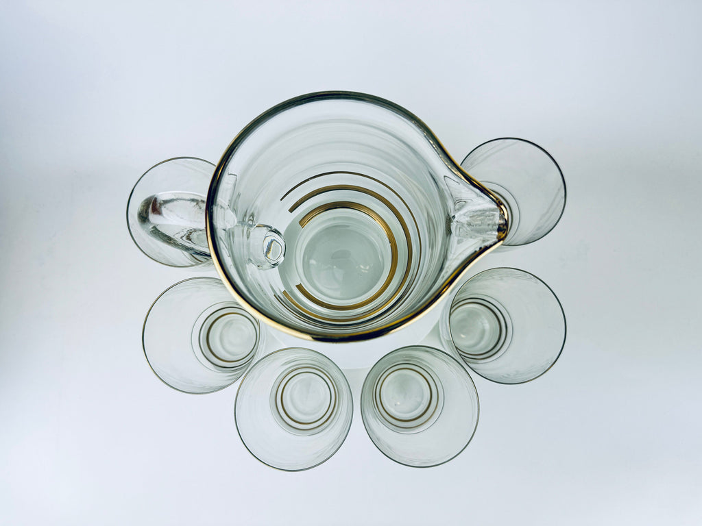 Product image for 'vintage gold striped frosted glass decanter glassware barware set six 6 glasses' (view d7fcc0)