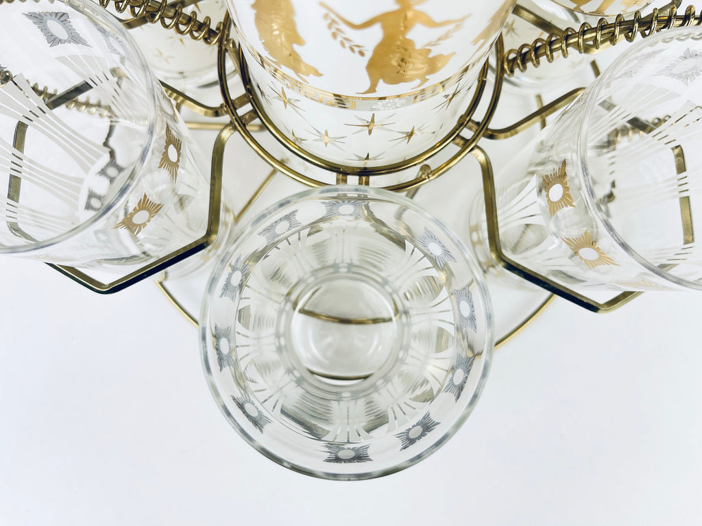 Product image for 'vintage rare aldon frosted white gold grecian gold atomic pattern barware set decanter six glasses barware gift' (view 3cb86d)