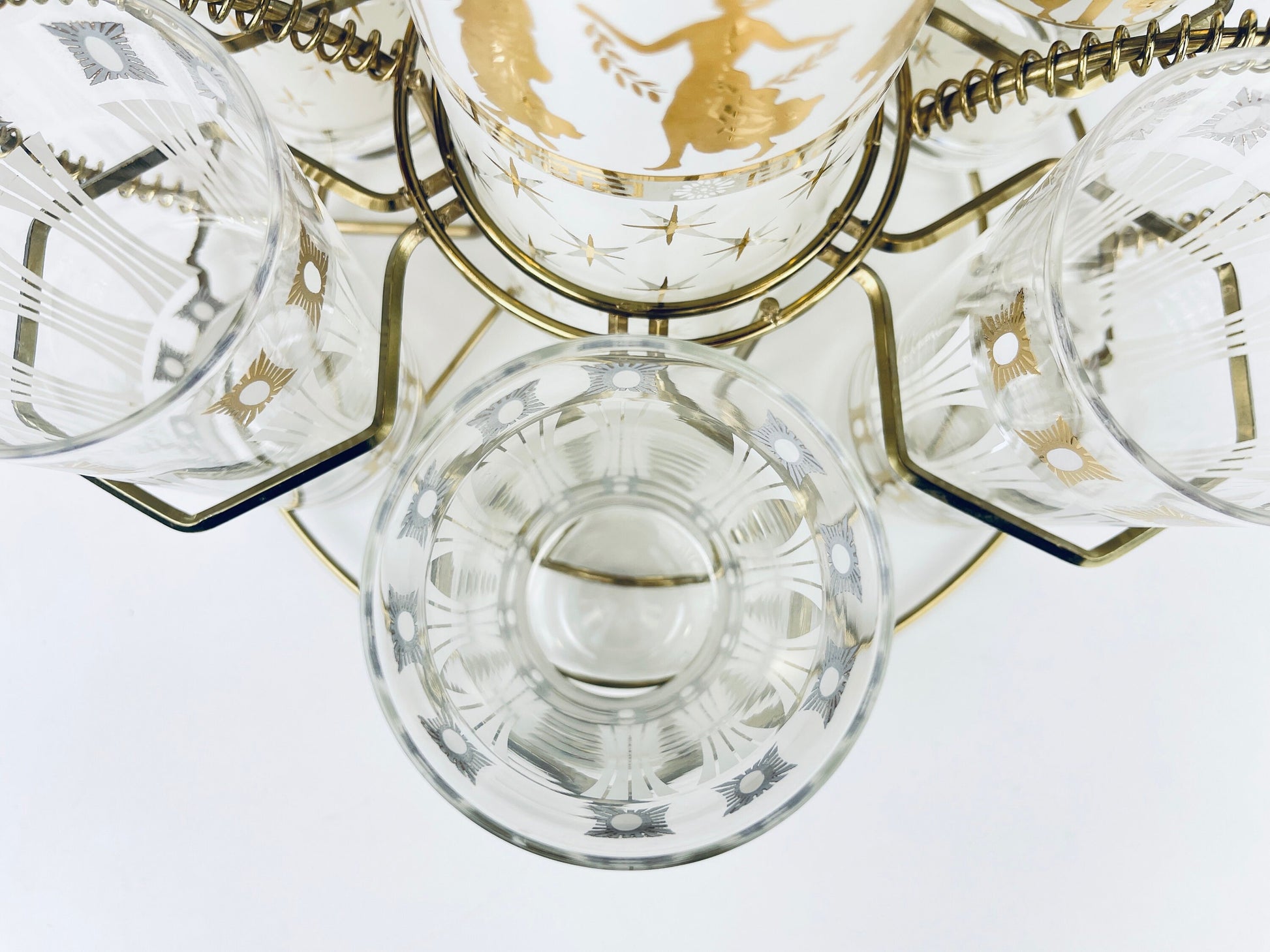 Product image for 'vintage rare aldon frosted white gold grecian gold atomic pattern barware set decanter six glasses barware gift' (view 3cb86d)