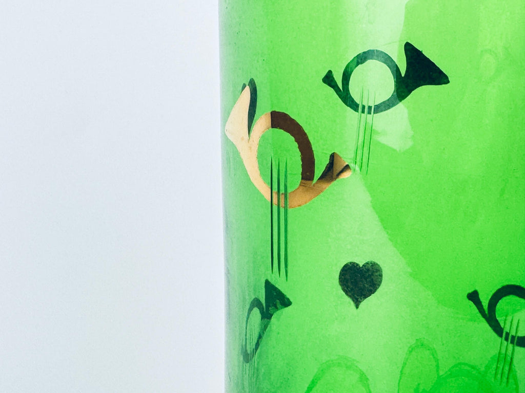 Product image for 'vintage mid century emerald green gold glass decanter shot glass set 1960s mcm heart trumpet barware' (view f3f667)