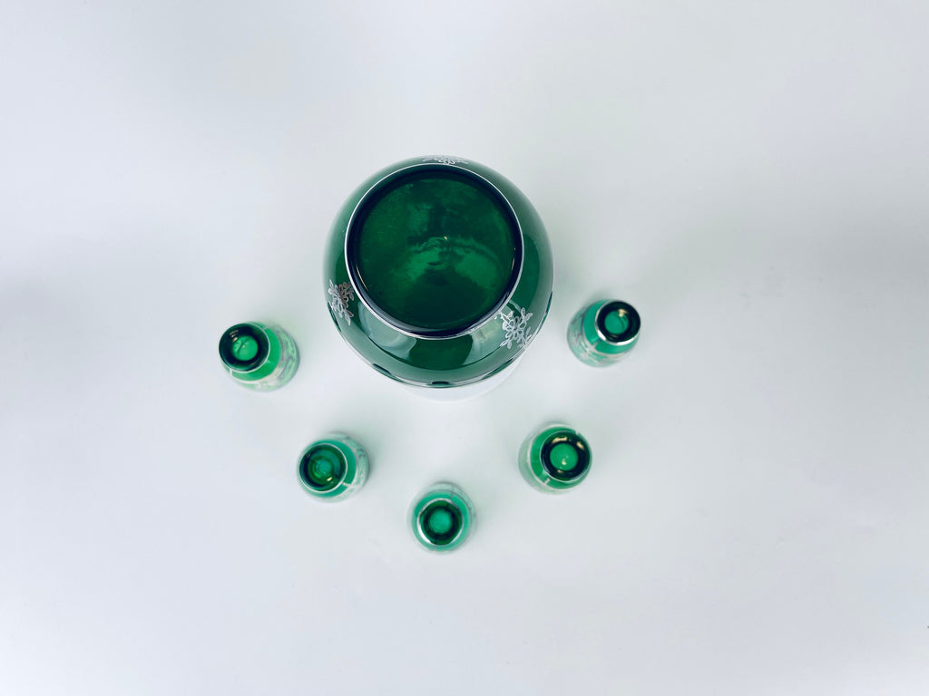 Product image for 'vintage emerald green silver overlay scene barware set glass decanter five 5 small shot glasses' (view 7397fc)
