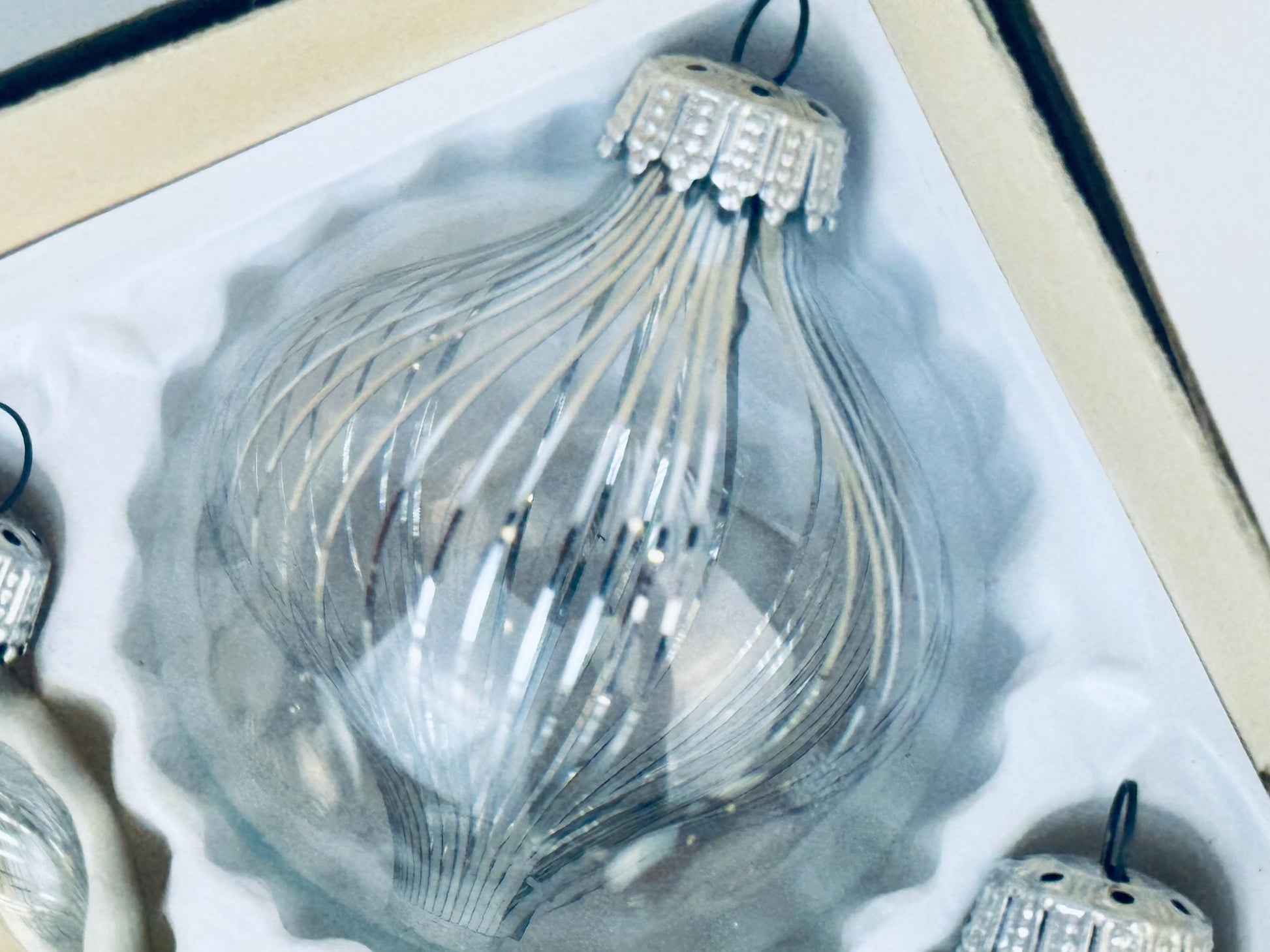 Product image for 'vintage silver clear silver tinsel glass christmas tree ornaments set of six 6 made in west germany' (view 6014c3)