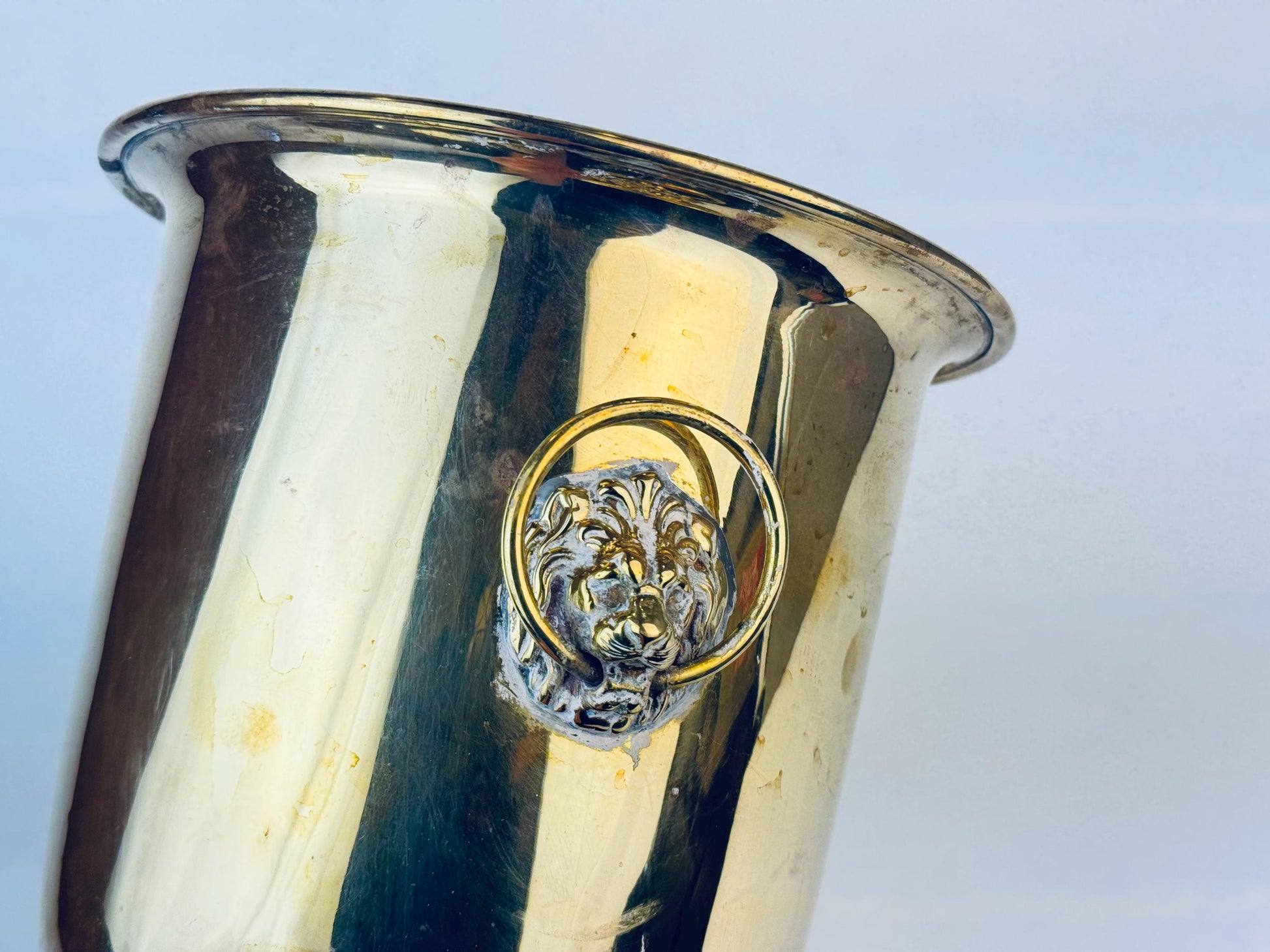 Product image for 'vintage ornate brass lion head ring pedestal planter umbrella holder attractive aged metal patina' (view 8c4c76)