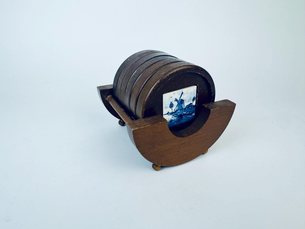 Product image for 'vintage delft windmill blue white coaster set wood ceramic inlay set of six 6' (view ff23c5)