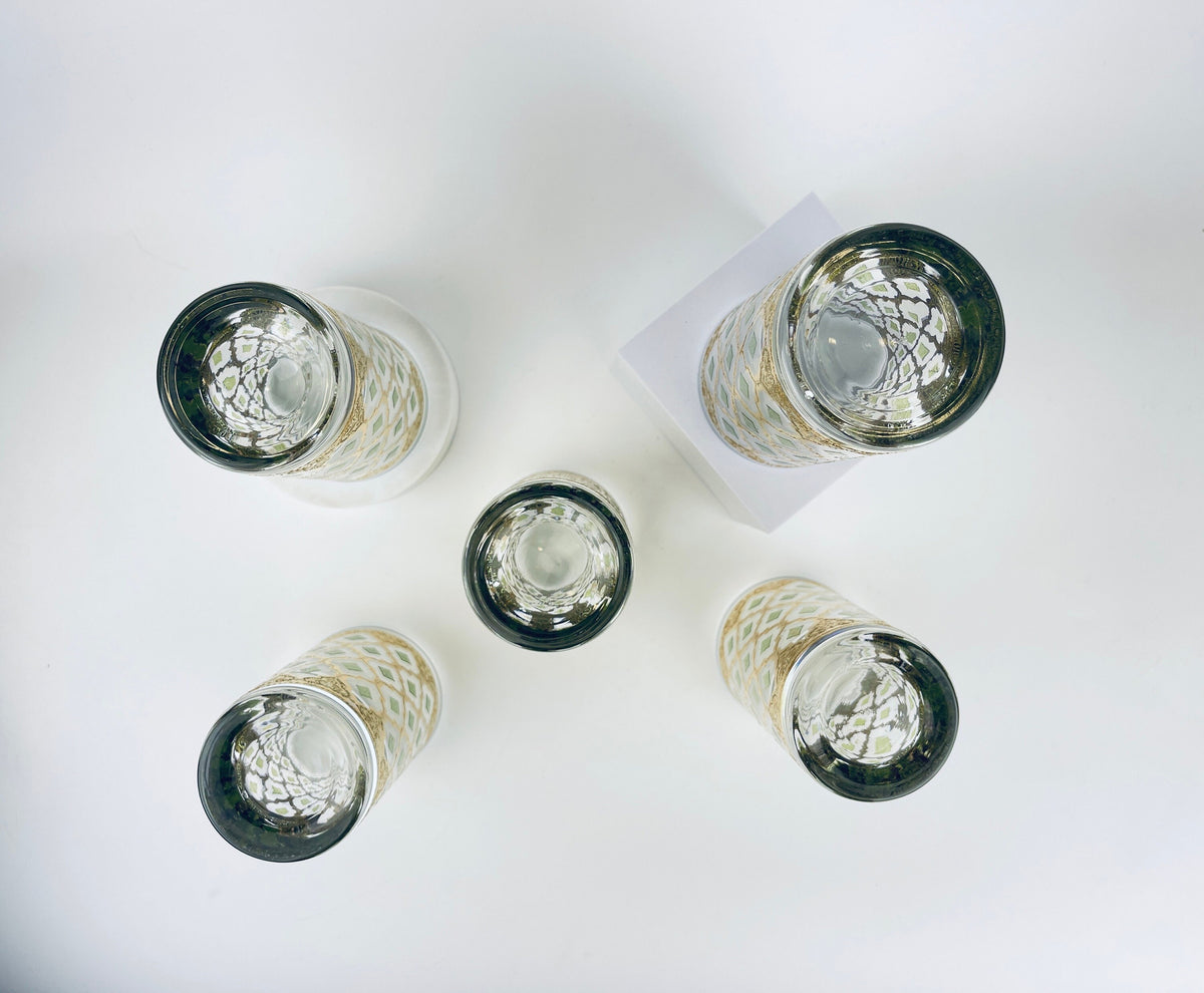 Product image for 'vintage culver tyrol valencia 22 kt gold emerald green diamond pattern barware glasses set of five 5 barware gift' (view fab445)