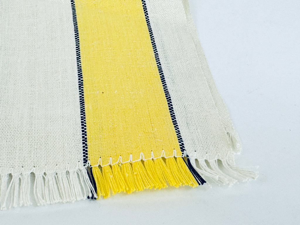 Product image for 'vintage yellow blue beige striped linen tea towel embroidered rooster front made in poland new old stock nos' (view addb38)