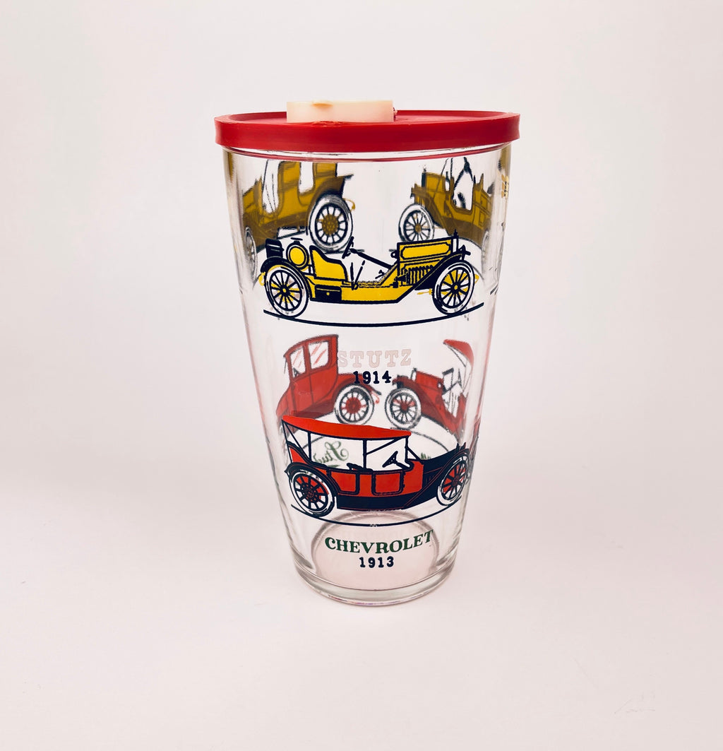 Product image for 'vintage 1970s hazel atlas cocktail shaker with antique car design red plastic lid' (view 0ce814)