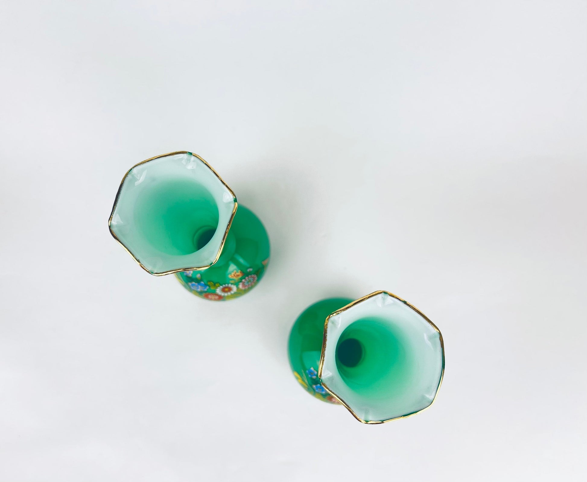 Product image for 'vintage glass bud vases set of two 2 hand painted enamelled flowers gold rim top pattern made in japan' (view c2133e)