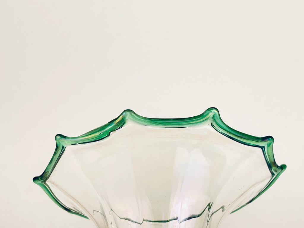Product image for 'vintage depression glass bud vase scalloped ruffled top green rim' (view a5a7b8)