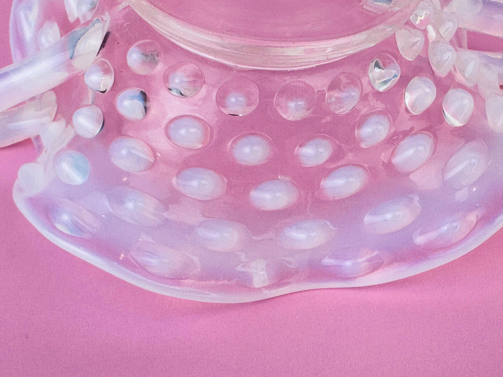 Product image for 'vintage fenton moonstone hobnail glass dish 1940s opalescent ruffled trinket bowl with handles' (view 04c7b4)