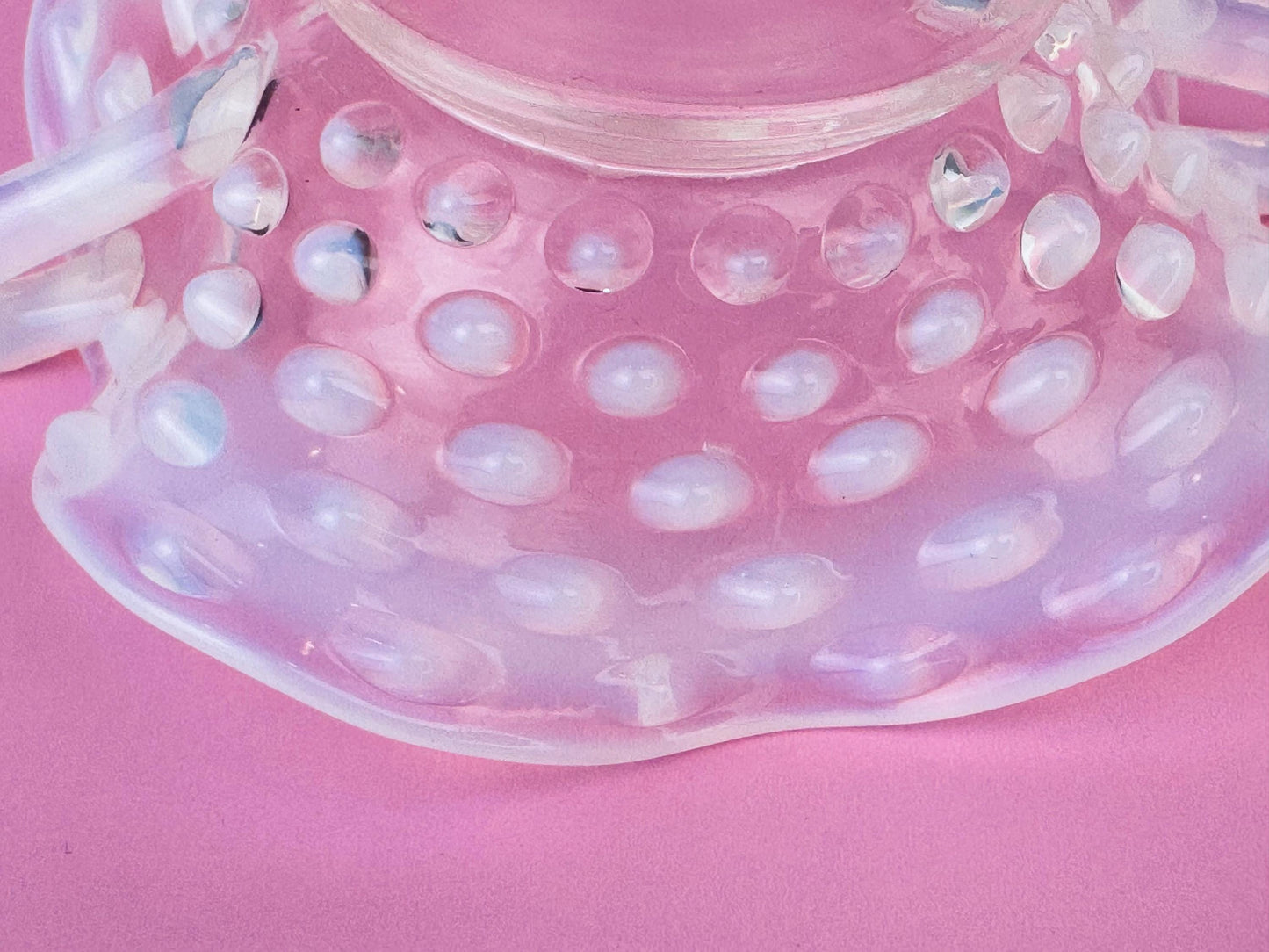 Product image for 'vintage fenton moonstone hobnail glass dish 1940s opalescent ruffled trinket bowl with handles' (view 04c7b4)
