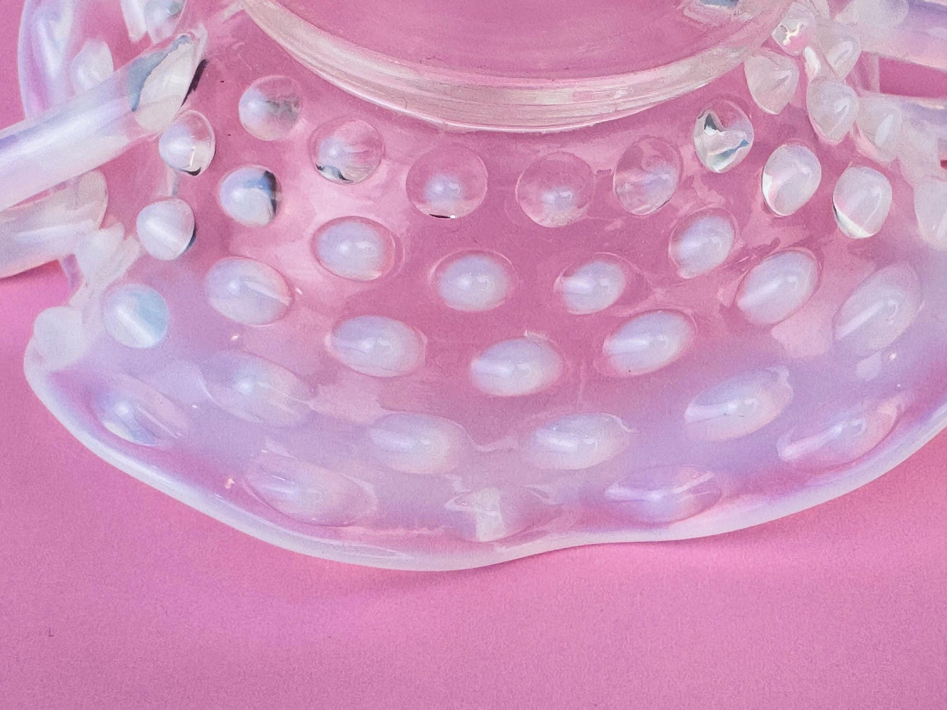 Product image for 'vintage fenton moonstone hobnail glass dish 1940s opalescent ruffled trinket bowl with handles' (view 04c7b4)