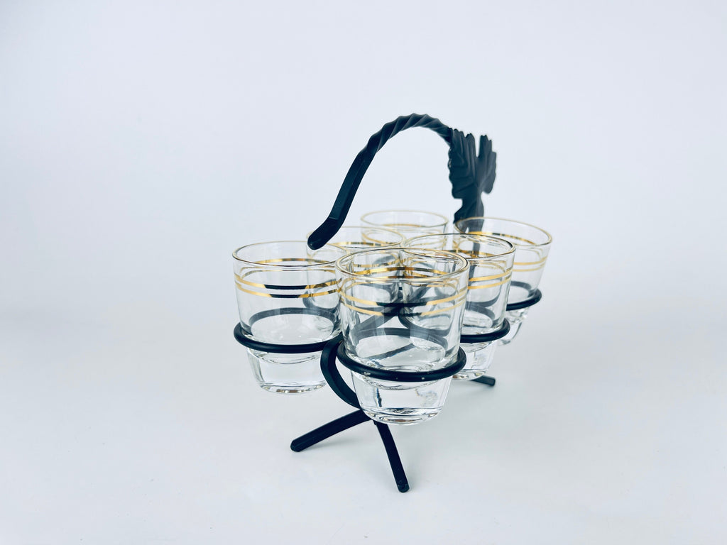 Product image for 'vintage gold striped clear shot glass barware set black metal leaf carrier' (view ef5ede)