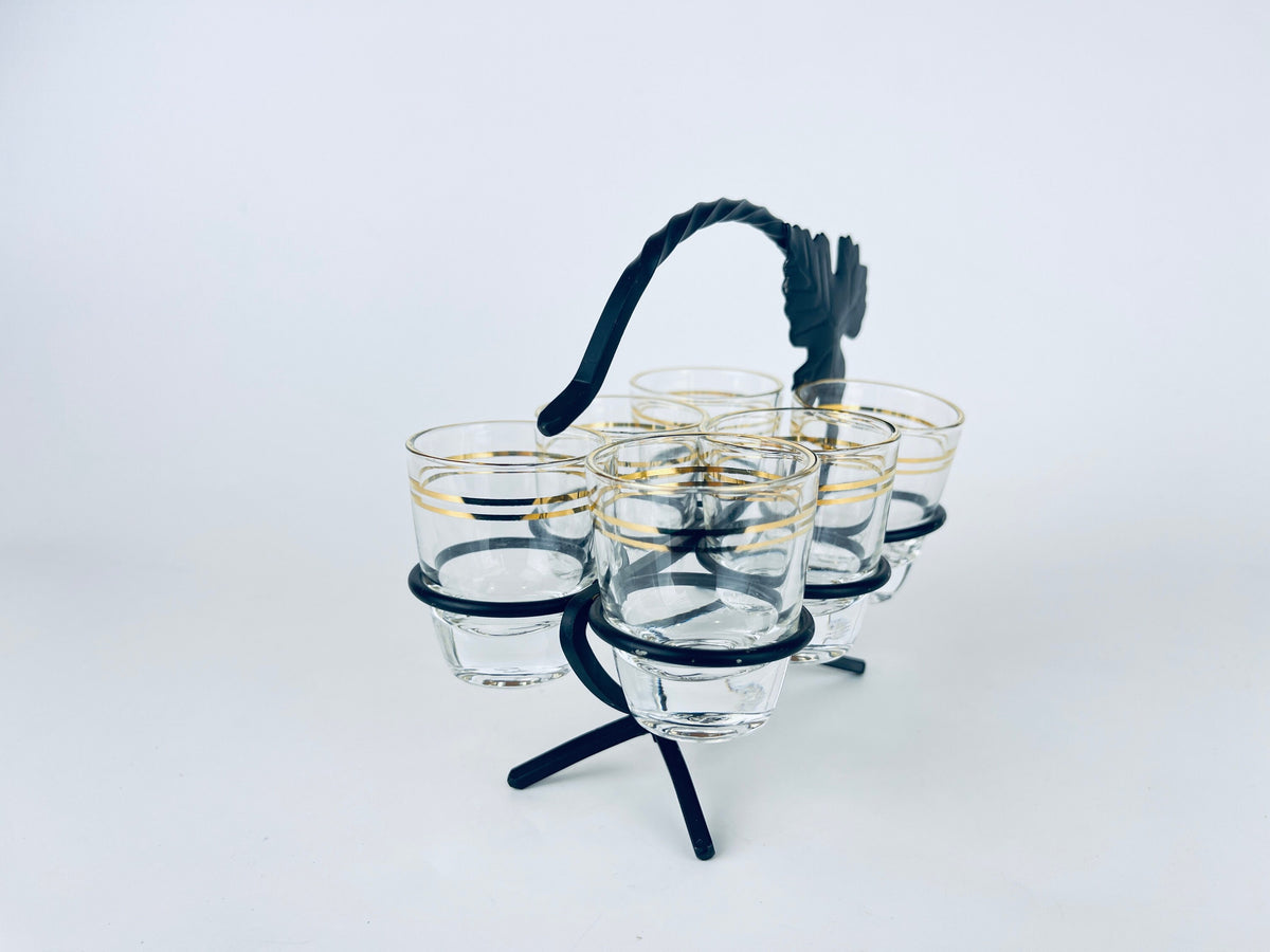 Product image for 'vintage gold striped clear shot glass barware set black metal leaf carrier' (view ef5ede)