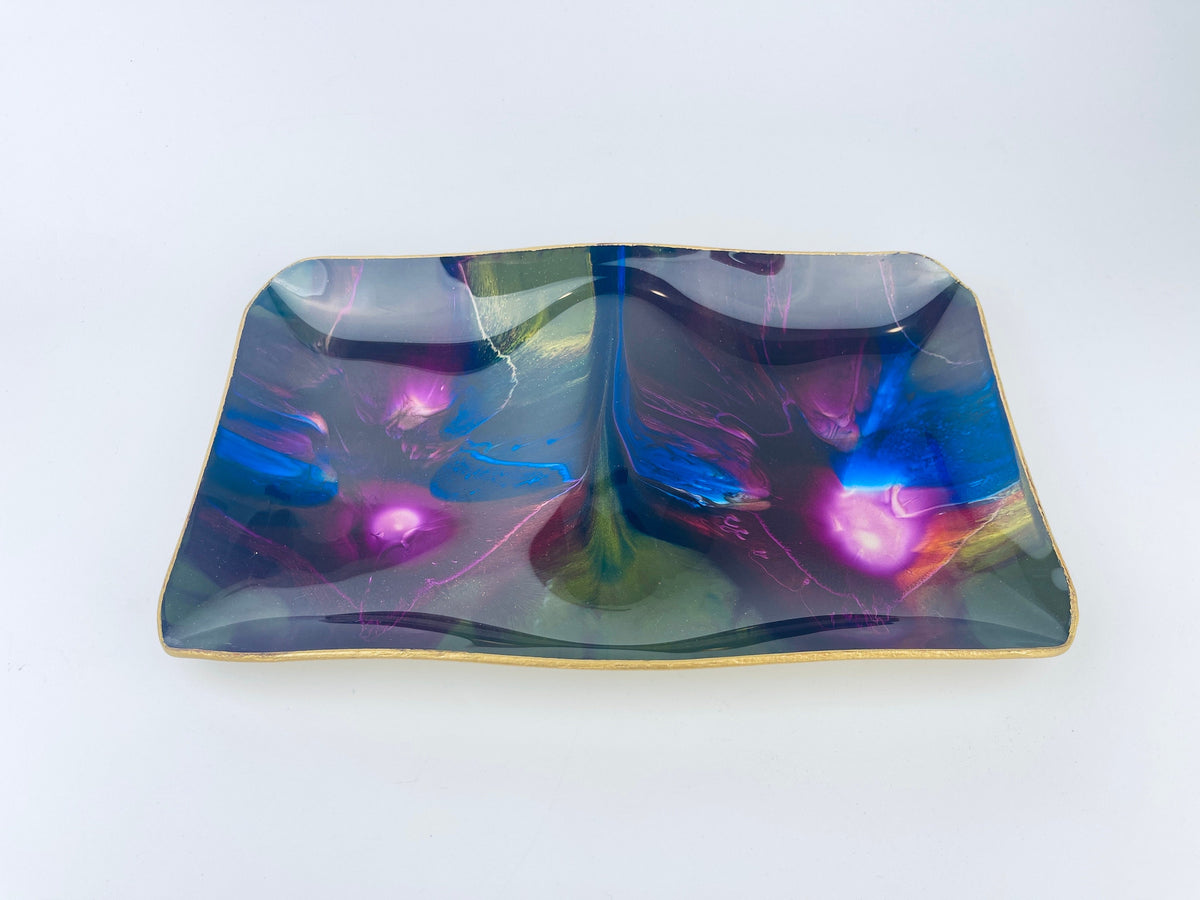 Product image for 'vintage mcm seetusee glassware by mayfair curvy decorative glass gold painted leather backed decorative tray made in canada' (view 8f4748)