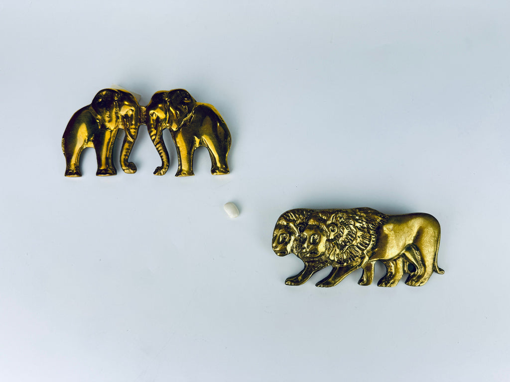 Product image for 'vintage hand made solid brass double lion elephant belt buckle attractive aged metal patina sold separately' (view c4ee74)