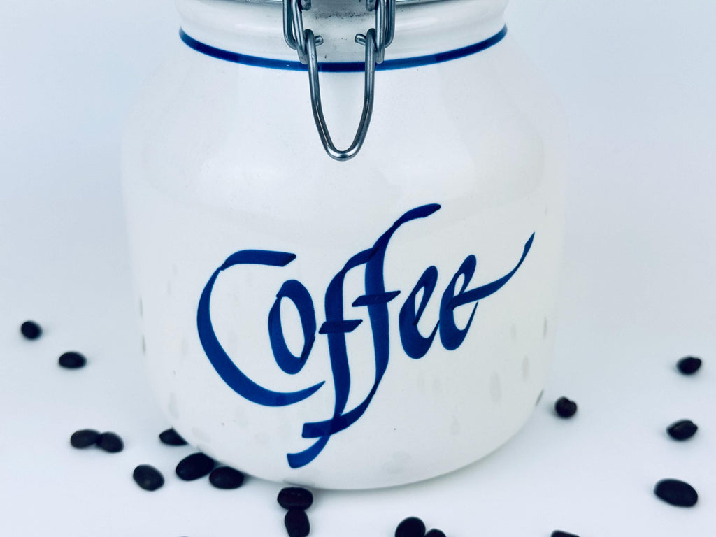 Product image for 'vintage 1990s beige blue ceramic coffee canister airtight countertop jar' (view 6f09ce)