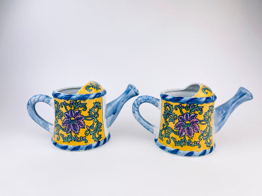 Product image for 'vintage hand painted blue yellow floral print ceramic watering can pot with handle rope handle bella case by ganz sold separately' (view 11ae7d)