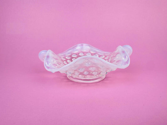 Product image for 'vintage fenton moonstone hobnail glass dish 1940s opalescent ruffled trinket bowl with handles' (view fc83ee)