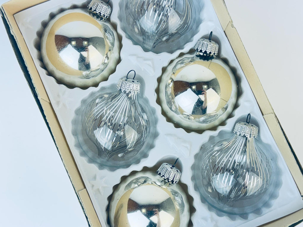 Product image for 'vintage silver clear silver tinsel glass christmas tree ornaments set of six 6 made in west germany' (view deb41a)