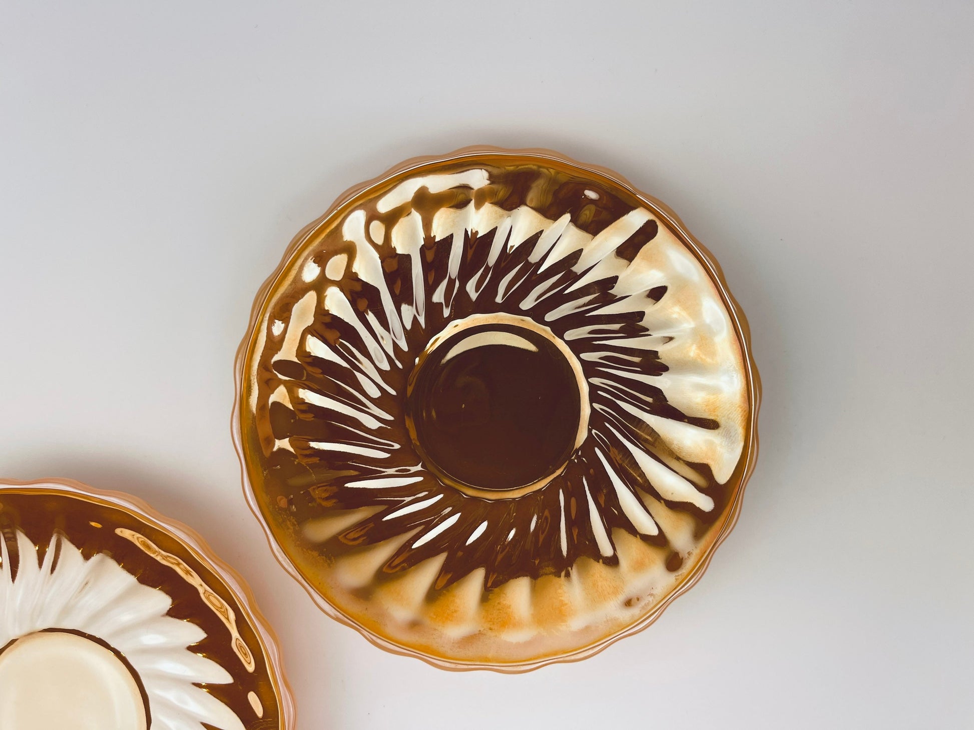 Product image for 'vintage peach lustreware swirl demitasse espresso saucer plate replacement anchor hocking fire king made in usa set of two 2' (view 38ad5a)