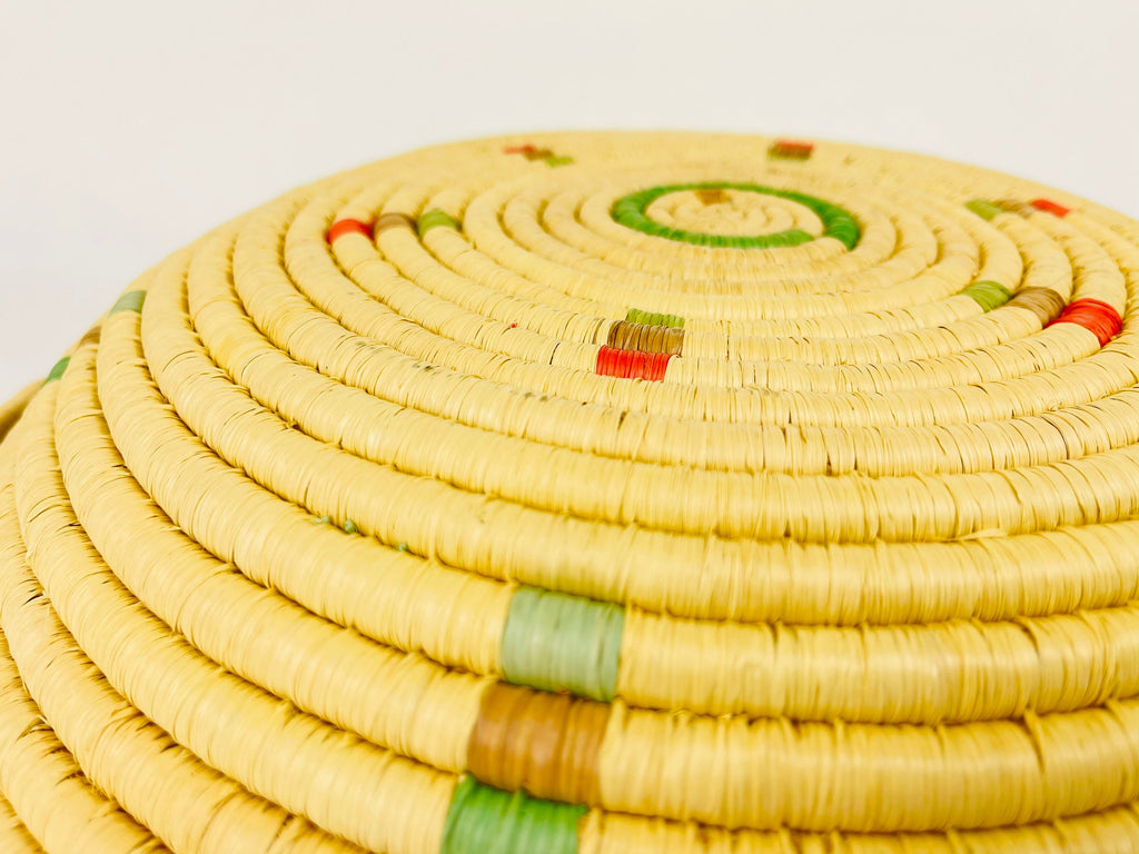 Product image for 'vintage 1990s pastel boho woven rattan bowl handled basket tray pink green blue' (view 3068cc)