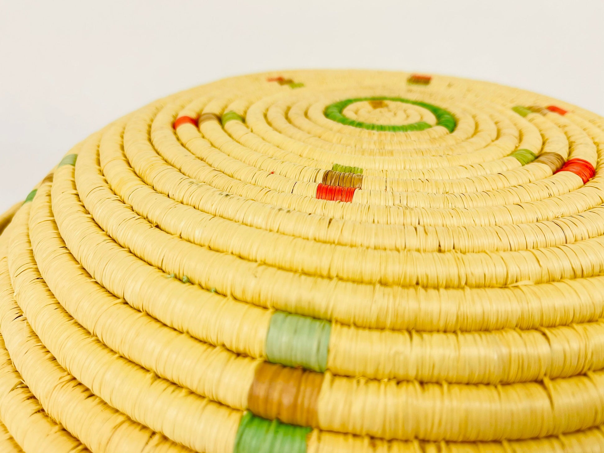 Product image for 'vintage 1990s pastel boho woven rattan bowl handled basket tray pink green blue' (view 3068cc)