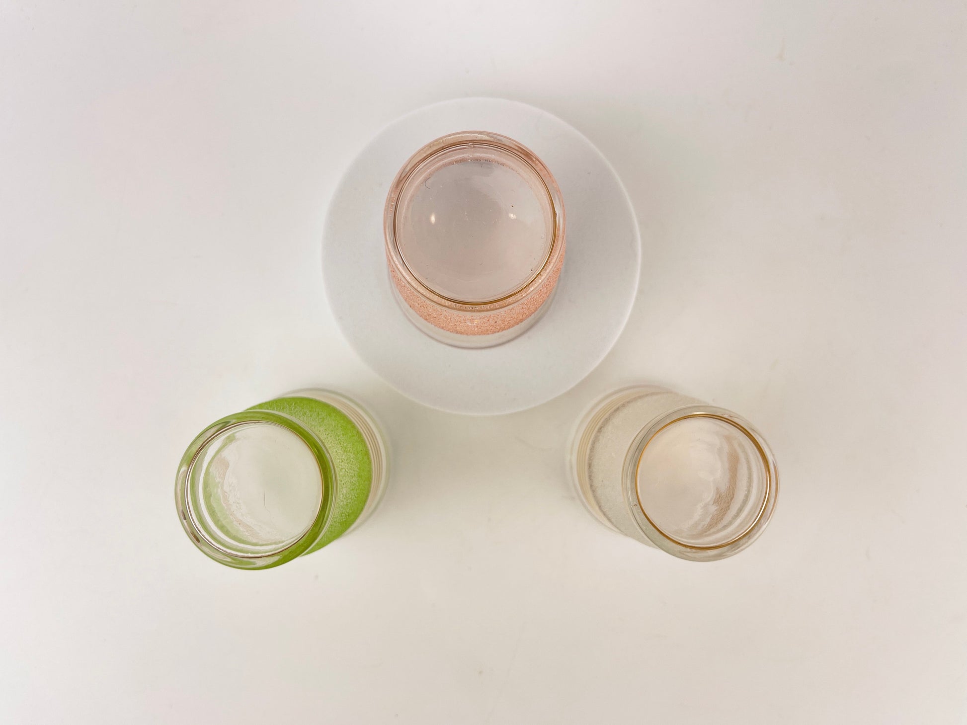 Product image for 'vintage gold striped sugar coated drinking shot glasses set of three 3 pink green white' (view 50f0f2)