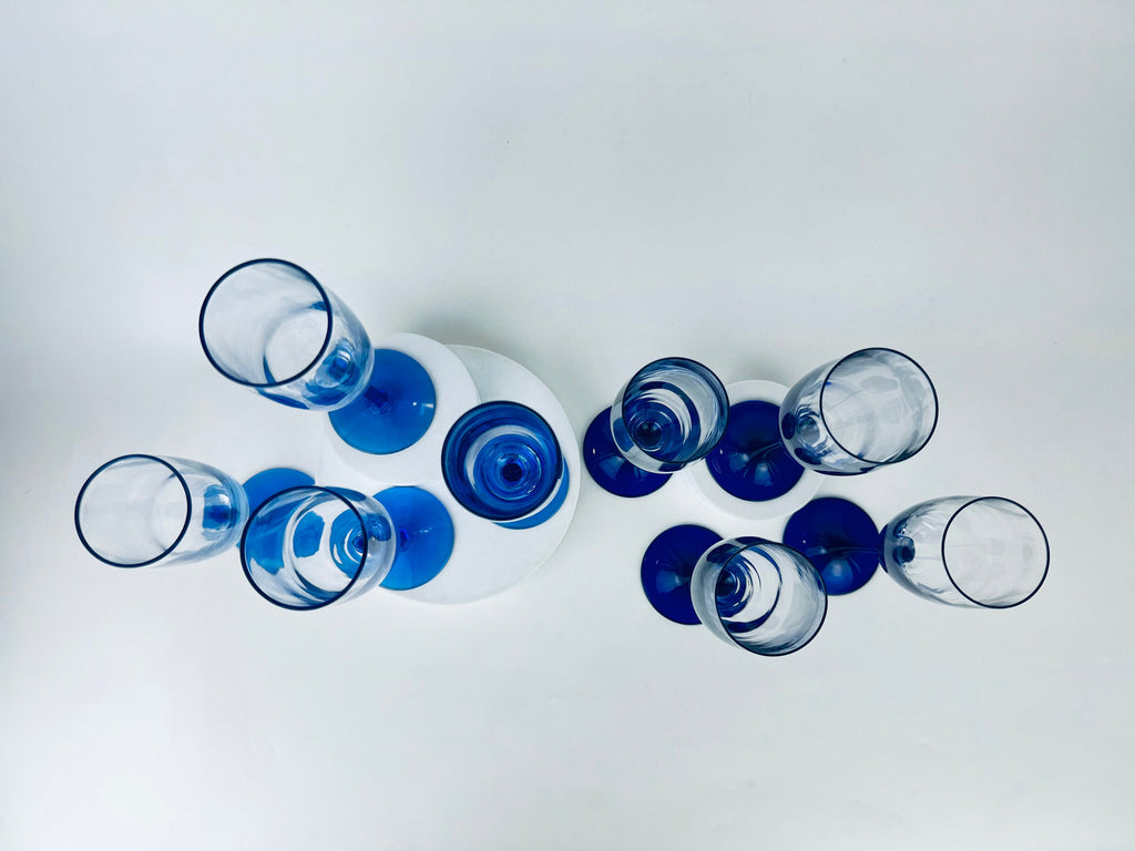 Product image for 'vintage cobalt blue fluted champagne drinking glasses set of four 4 sets sold separately' (view d7f037)